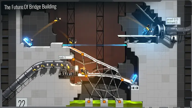 A convoy of vehicles crossing a completed bridge in Bridge Constructor Portal