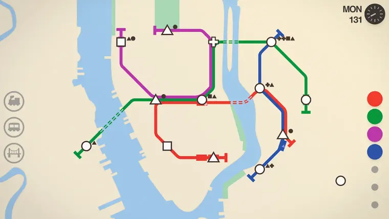 Mini Metro map with coloured lines crossing a river